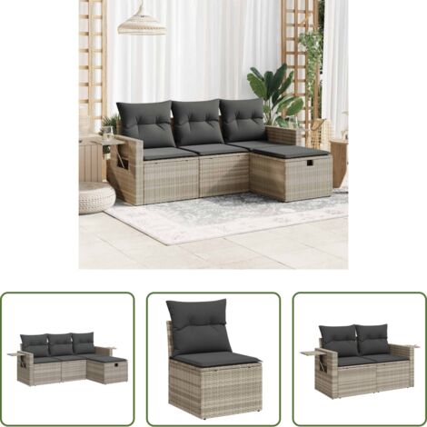 Poltrona da giardino -  Set Divano da Giardino 4pz con Cuscini Grigio Chiaro Polyrattan