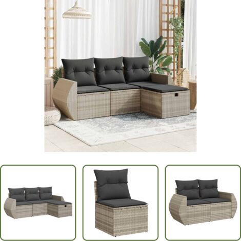 Poltrona da giardino -  Set Divano da Giardino 4pz con Cuscini Grigio Chiaro Polyrattan