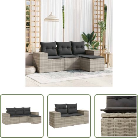 Poltrona da giardino -  Set Divano da Giardino 4pz con Cuscini Grigio Chiaro Polyrattan