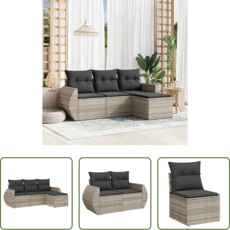 Poltrona da giardino -  Set Divano da Giardino 4pz con Cuscini Grigio Chiaro Polyrattan
