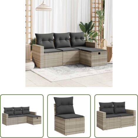 Poltrona da giardino -  Set Divano da Giardino 4pz con Cuscini Grigio Chiaro Polyrattan