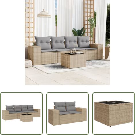 Poltrona da giardino -  Set Divano da Giardino 5 pz con Cuscini Beige in Polyrattan