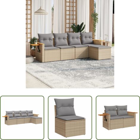 Poltrona da giardino -  Set Divano da Giardino 5 pz con Cuscini Beige in Polyrattan