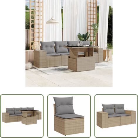 Poltrona da giardino -  Set Divano da Giardino 5 pz con Cuscini Beige in Polyrattan