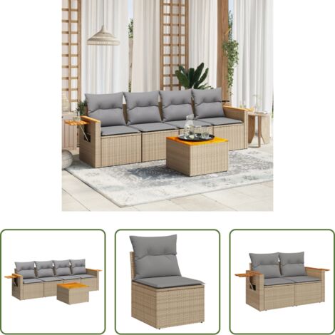 Poltrona da giardino -  Set Divano da Giardino 5 pz con Cuscini Beige in Polyrattan