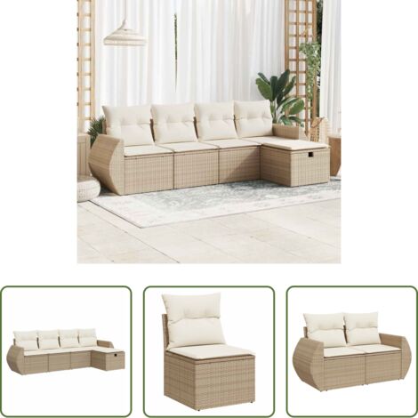 Poltrona da giardino -  Set Divano da Giardino 5 pz con Cuscini Beige in Polyrattan
