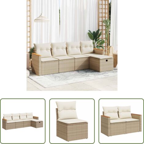 Poltrona da giardino -  Set Divano da Giardino 5 pz con Cuscini Beige in Polyrattan
