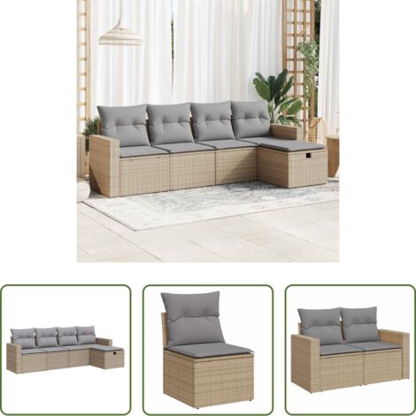 Poltrona da giardino -  Set Divano da Giardino 5 pz con Cuscini Beige in Polyrattan