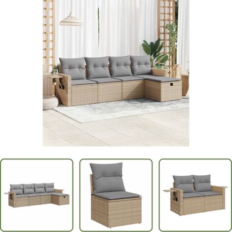 Poltrona da giardino -  Set Divano da Giardino 5 pz con Cuscini Beige in Polyrattan
