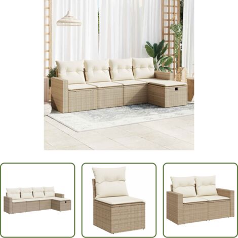 Poltrona da giardino -  Set Divano da Giardino 5 pz con Cuscini Beige in Polyrattan