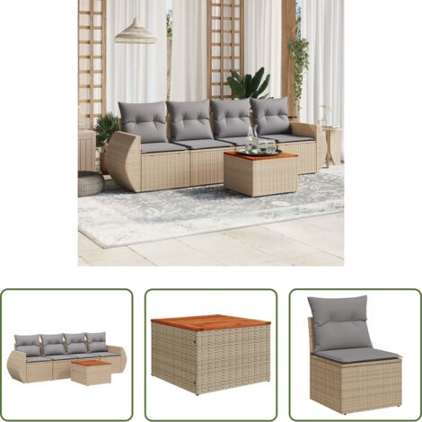 Poltrona da giardino -  Set Divano da Giardino 5 pz con Cuscini Beige in Polyrattan