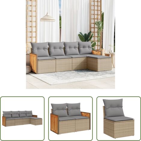 Poltrona da giardino -  Set Divano da Giardino 5 pz con Cuscini Beige in Polyrattan