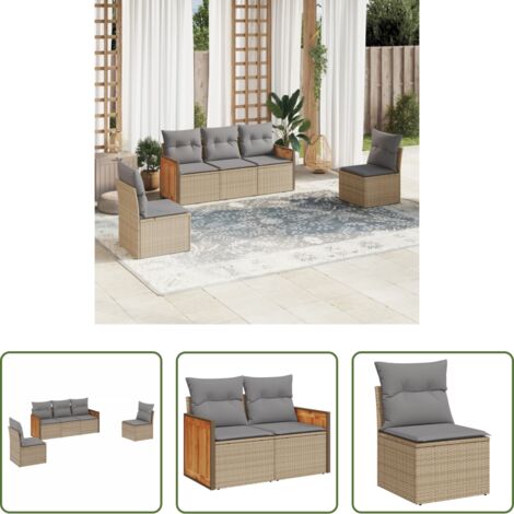 Poltrona da giardino -  Set Divano da Giardino 5 pz con Cuscini Beige in Polyrattan