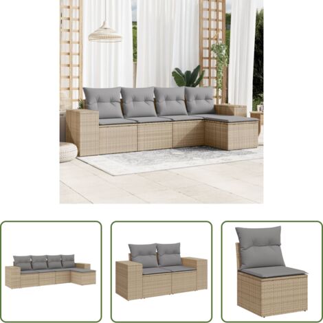 Poltrona da giardino -  Set Divano da Giardino 5 pz con Cuscini Beige in Polyrattan