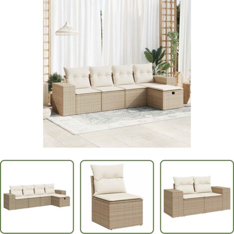 Poltrona da giardino -  Set Divano da Giardino 5 pz con Cuscini Beige in Polyrattan