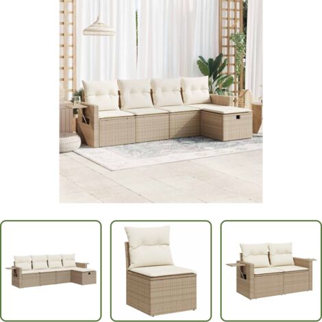 Poltrona da giardino -  Set Divano da Giardino 5 pz con Cuscini Beige in Polyrattan