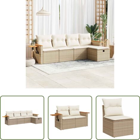 Poltrona da giardino -  Set Divano da Giardino 5 pz con Cuscini Beige in Polyrattan