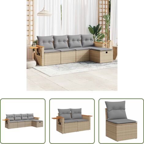 Poltrona da giardino -  Set Divano da Giardino 5 pz con Cuscini Beige in Polyrattan