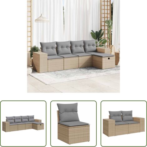Poltrona da giardino -  Set Divano da Giardino 5 pz con Cuscini Beige in Polyrattan
