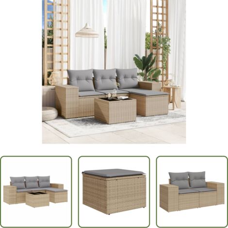 Poltrona da giardino -  Set Divano da Giardino 5 pz con Cuscini Beige in Polyrattan