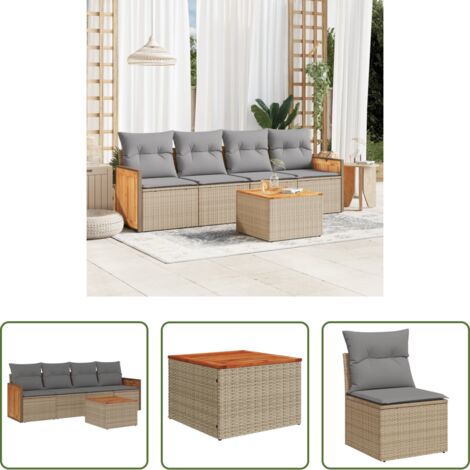 Poltrona da giardino -  Set Divano da Giardino 5 pz con Cuscini Beige in Polyrattan