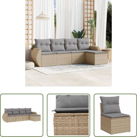 Poltrona da giardino -  Set Divano da Giardino 5 pz con Cuscini Beige in Polyrattan