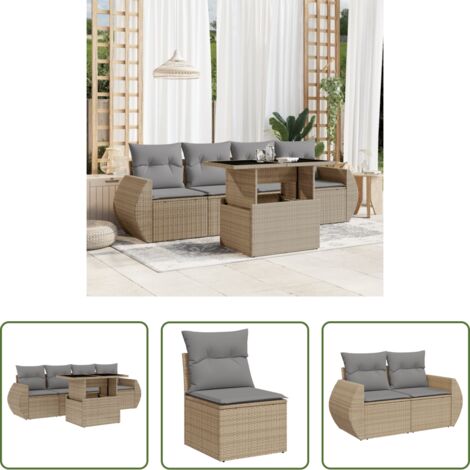 Poltrona da giardino -  Set Divano da Giardino 5 pz con Cuscini Beige in Polyrattan