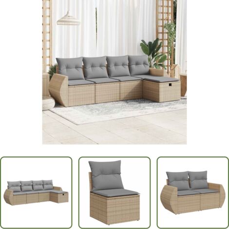 Poltrona da giardino -  Set Divano da Giardino 5 pz con Cuscini Beige in Polyrattan