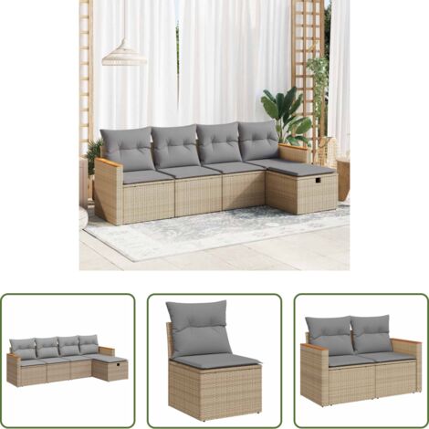 Poltrona da giardino -  Set Divano da Giardino 5 pz con Cuscini Beige in Polyrattan