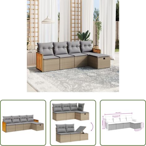 Poltrona da giardino -  Set Divano da Giardino 5 pz con Cuscini Beige Misto Polyrattan