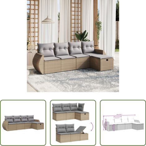 Poltrona da giardino -  Set Divano da Giardino 5 pz con Cuscini Beige Misto Polyrattan