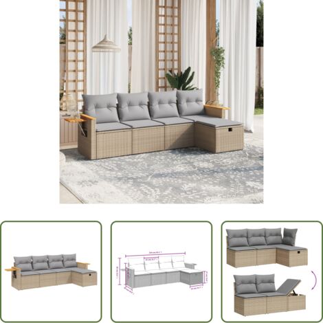 Poltrona da giardino -  Set Divano da Giardino 5 pz con Cuscini Beige Misto Polyrattan