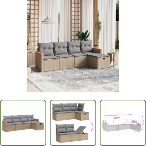 Poltrona da giardino -  Set Divano da Giardino 5 pz con Cuscini Beige Misto Polyrattan