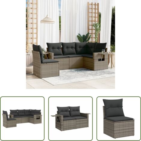 Poltrona da giardino -  Set Divano da Giardino 5 pz con Cuscini Grigio in Polyrattan