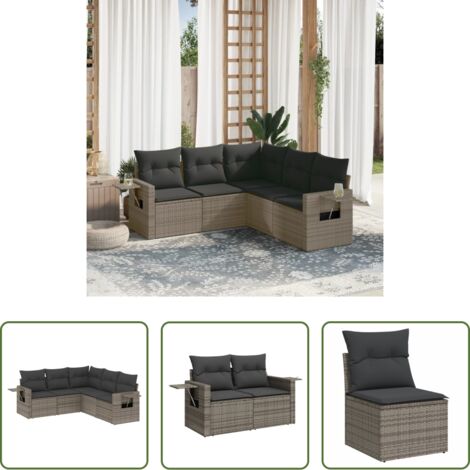 Poltrona da giardino -  Set Divano da Giardino 5 pz con Cuscini Grigio in Polyrattan