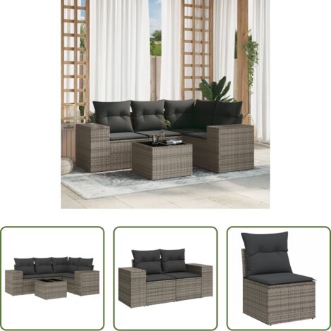 Poltrona da giardino -  Set Divano da Giardino 5 pz con Cuscini Grigio in Polyrattan