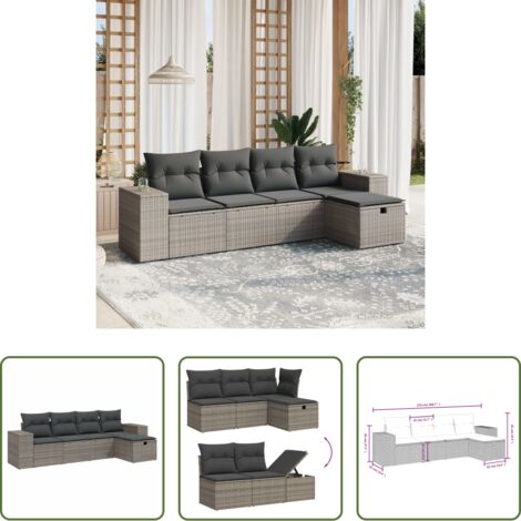 Poltrona da giardino -  Set Divano da Giardino 5 pz con Cuscini Grigio in Polyrattan