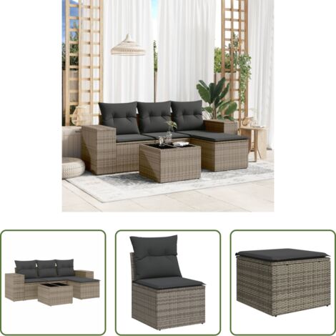Poltrona da giardino -  Set Divano da Giardino 5 pz con Cuscini Grigio in Polyrattan