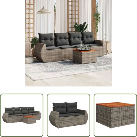 Poltrona da giardino -  Set Divano da Giardino 5 pz con Cuscini Grigio in Polyrattan