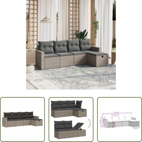 Poltrona da giardino -  Set Divano da Giardino 5 pz con Cuscini Grigio in Polyrattan