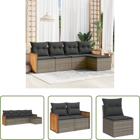Poltrona da giardino -  Set Divano da Giardino 5 pz con Cuscini Grigio in Polyrattan