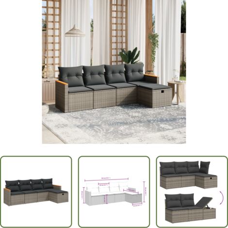 Poltrona da giardino -  Set Divano da Giardino 5 pz con Cuscini Grigio in Polyrattan