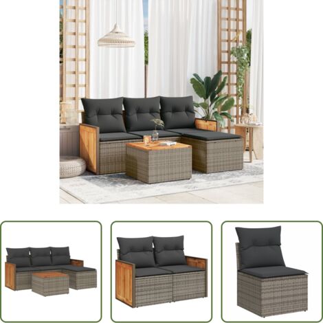 Poltrona da giardino -  Set Divano da Giardino 5 pz con Cuscini Grigio in Polyrattan