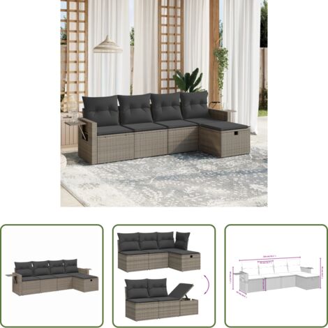 Poltrona da giardino -  Set Divano da Giardino 5 pz con Cuscini Grigio in Polyrattan