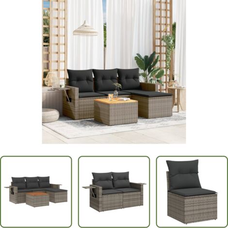 Poltrona da giardino -  Set Divano da Giardino 5 pz con Cuscini Grigio in Polyrattan