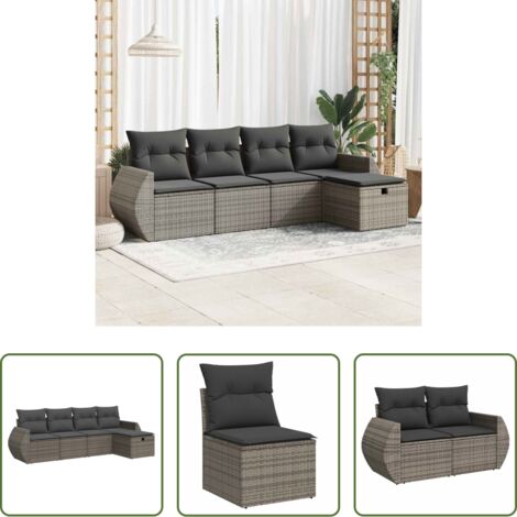Poltrona da giardino -  Set Divano da Giardino 5 pz con Cuscini Grigio in Polyrattan