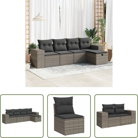 Poltrona da giardino -  Set Divano da Giardino 5 pz con Cuscini Grigio in Polyrattan