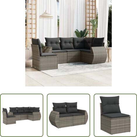 Poltrona da giardino -  Set Divano da Giardino 5 pz con Cuscini Grigio in Polyrattan