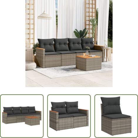 Poltrona da giardino -  Set Divano da Giardino 5 pz con Cuscini Grigio in Polyrattan
