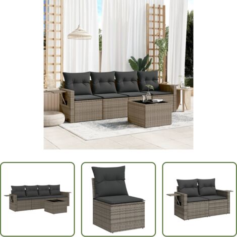 Poltrona da giardino -  Set Divano da Giardino 5 pz con Cuscini Grigio in Polyrattan